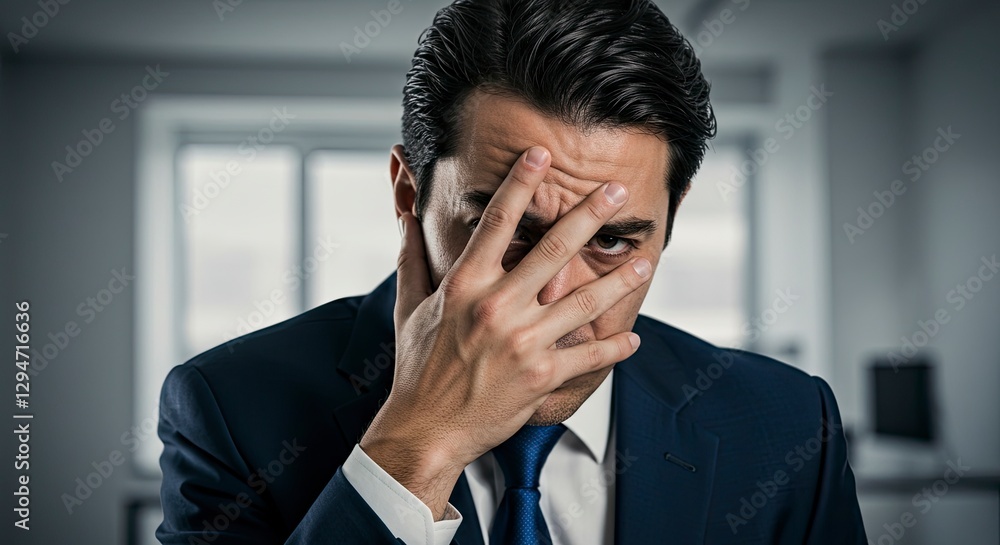 Stressed Businessman Covering Face Feeling Anxious or Overwhelmed at Workplace Stressed Businessman Covering Face Feeling Anxious or Overwhelmed at Workplace