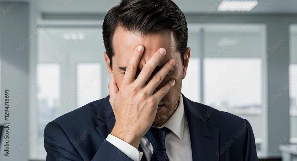 Stressed Businessman Covering Face Shows Frustration in Modern Office Stressed Businessman Covering Face Shows Frustration in Modern Office