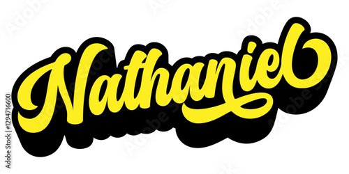 Name Nathaniel written in retro groovy script lettering with long shadow effect	