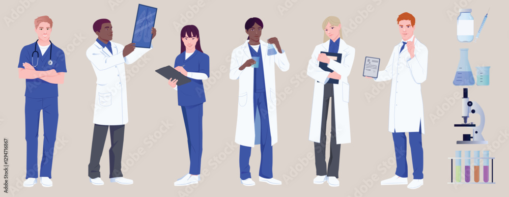 Group of medical professionals in scrubs and lab coats, flat graphic style, on beige background. Concept of healthcare teamwork. Vector illustration Group of medical professionals in scrubs and lab coats, flat graphic style, on beige background. Concept of healthcare teamwork. Vector illustration