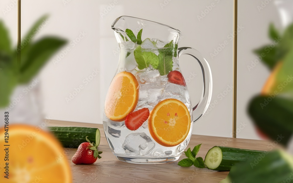 Fototapeta premium Refreshing hydration: A pitcher filled with water, fruit, and herbs creates a visually appealing and healthy beverage option. Stay refreshed!