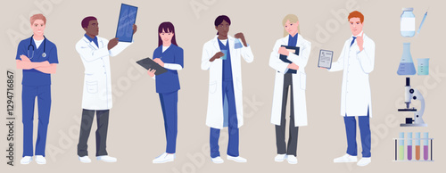 Group of medical professionals in scrubs and lab coats, flat graphic style, on beige background. Concept of healthcare teamwork. Vector illustration