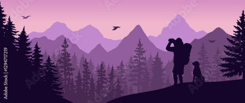 Hiker and dog enjoy sunset view in mountains