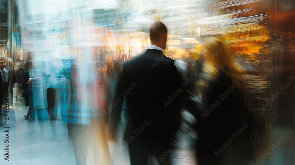 Blurred image of people walking in a busy city. Businesspeople show their appreciation to the trade. Contemporary blurred space motion. Fuzzy picture of individuals strolling in lifestyle a bustling.