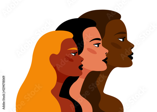 women of different races in profile, flat design vector illustration