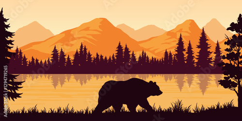 Silhouette of a bear by a tranquil lake at sunset