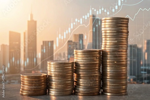 metallic coin stacks with cityscape and financial growth charts photo