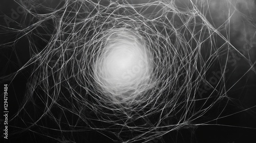 Intricate white spider web pattern with glowing vortex on dark background