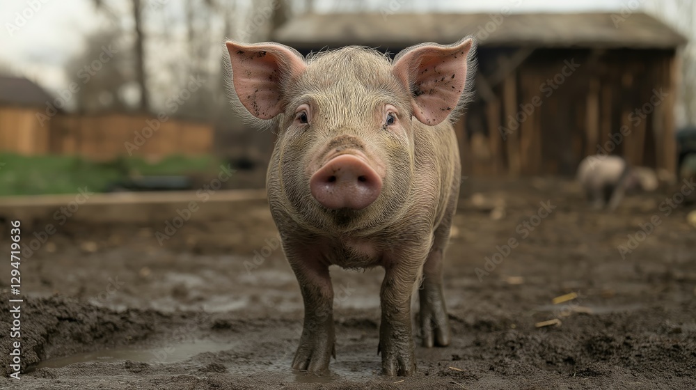 Adorable piglet standing in muddy farmyard with wooden shed in background Adorable piglet standing in muddy farmyard with wooden shed in background