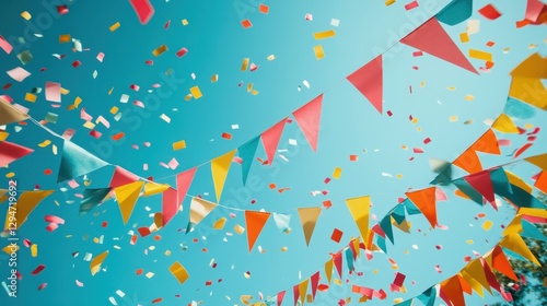 Colorful party decorations with vibrant bunting and confetti against a bright blue sky.