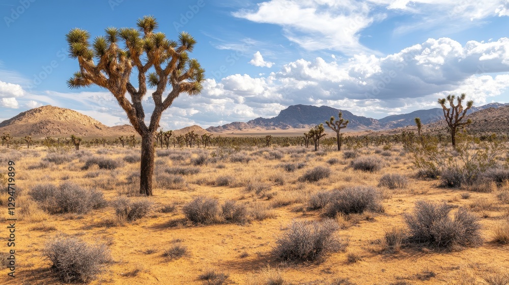 A serene desert landscape featuring Joshua trees under a bright blue sky with fluffy clouds. A serene desert landscape featuring Joshua trees under a bright blue sky with fluffy clouds.