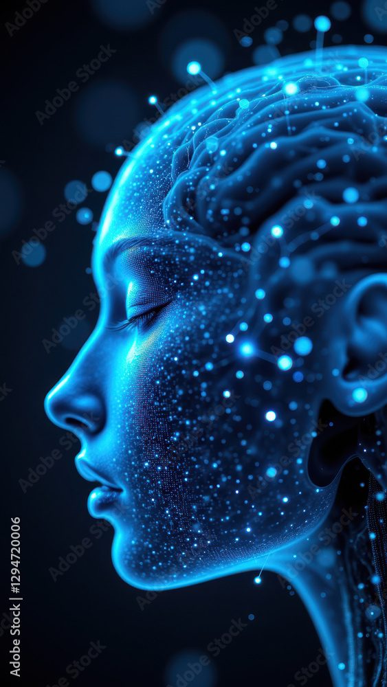 Fototapeta premium An artistic depiction of artificial general intelligence with a human-like face and brain composed of digital stars.