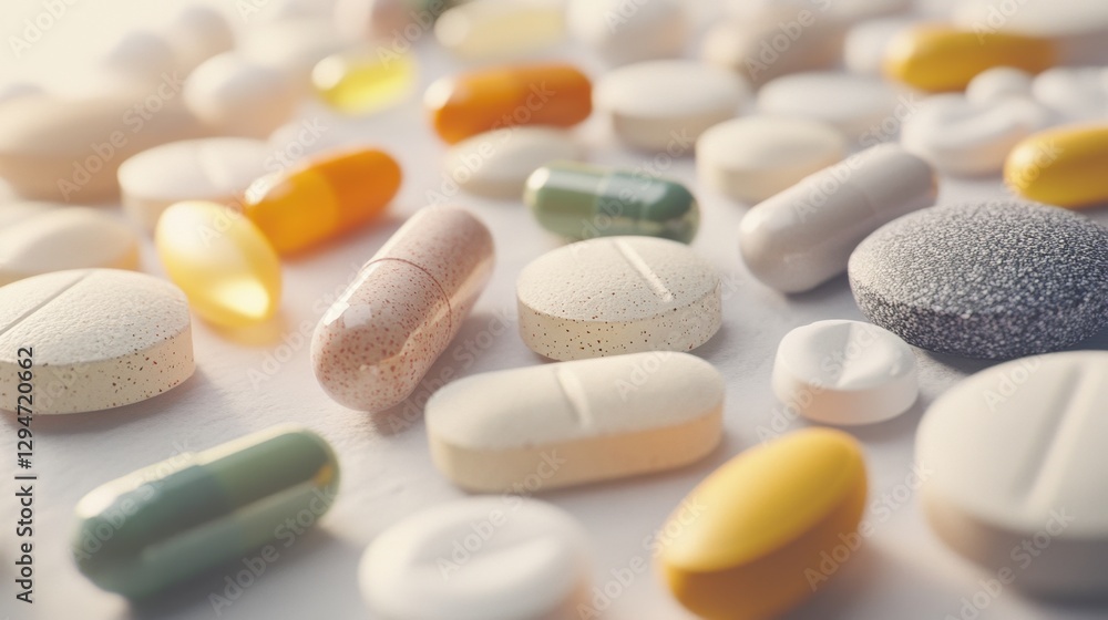 A vibrant collection of various medicinal capsules and tablets scattered on a surface, showcasing colors and shapes. A vibrant collection of various medicinal capsules and tablets scattered on a surface, showcasing colors and shapes.