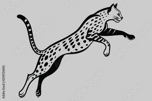 a serval leaping high into the air silhouette vector design art and illustration