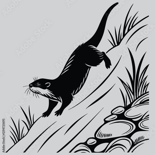 an otter sliding down a riverbank silhouette vector design art and illustration