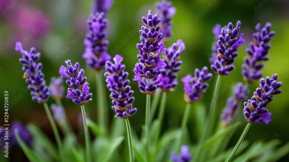 Fototapeta premium Vibrant purple lavender blooms in a lush garden, creating a serene and calming atmosphere.