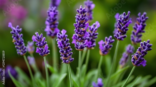 Vibrant purple lavender blooms in a lush garden, creating a serene and calming atmosphere.
