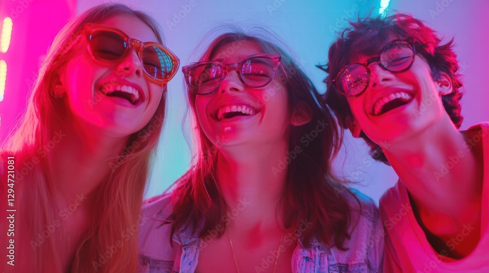 Gen Z Friends Laughing Against Bold Backdrops Gen Z Friends Laughing Against Bold Backdrops