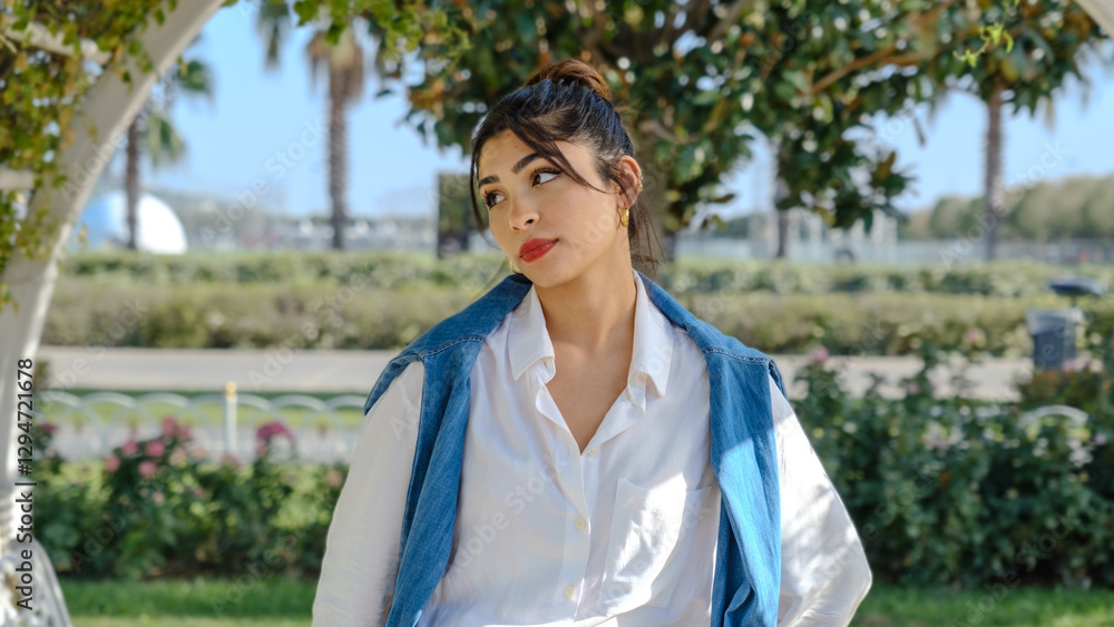 A young brunette businesswoman in a tree-filled park on a spring day, looking at the camera with facial expressions that show she is feeling bored A young brunette businesswoman in a tree-filled park on a spring day, looking at the camera with facial expressions that show she is feeling bored