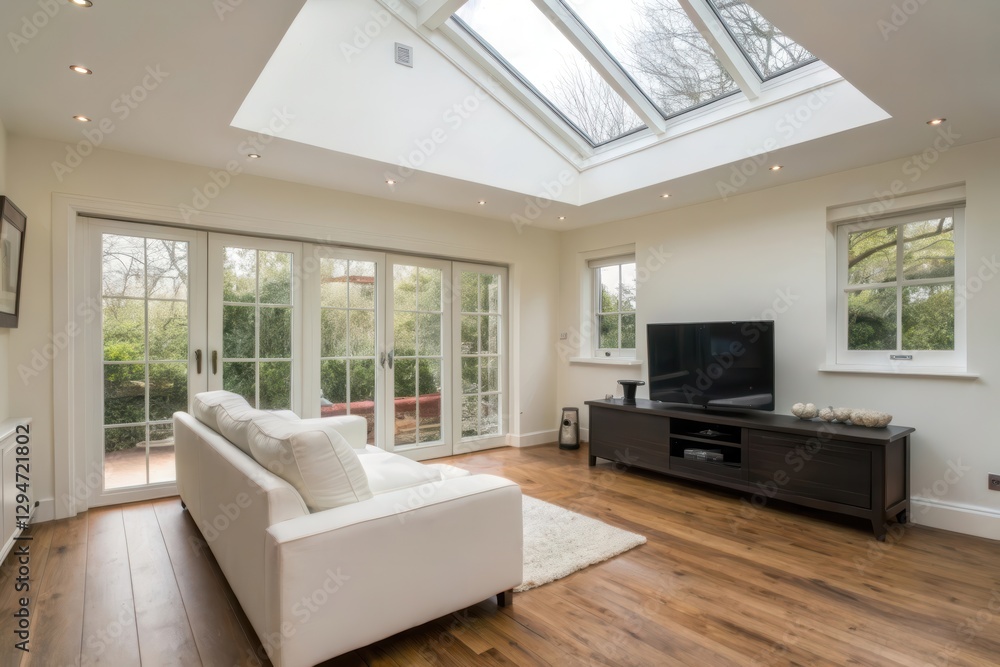 Bright and Spacious Living Room with Skylights and Elegant Décor in a Tranquil Setting Bright and Spacious Living Room with Skylights and Elegant Décor in a Tranquil Setting