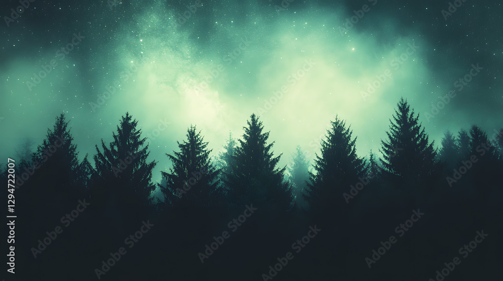 A stunning Milky Way in emerald green and soft gold stretching above a dark forest silhouette. A stunning Milky Way in emerald green and soft gold stretching above a dark forest silhouette.