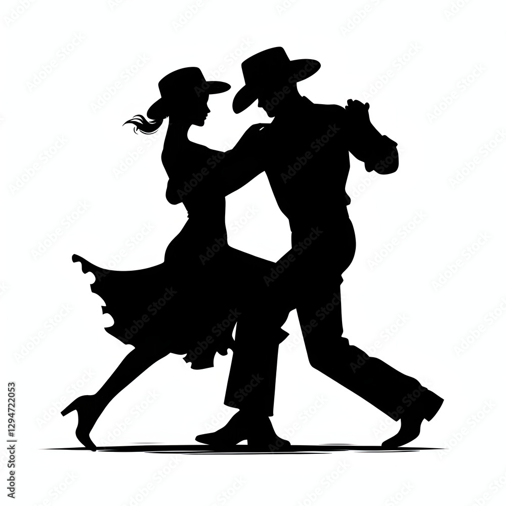 Silhouette of a couple dancing together, both wearing cowboy hats against a colorful background. Silhouette of a couple dancing together, both wearing cowboy hats against a colorful background.