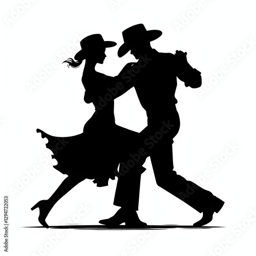 Silhouette of a couple dancing together, both wearing cowboy hats against a colorful background. 
