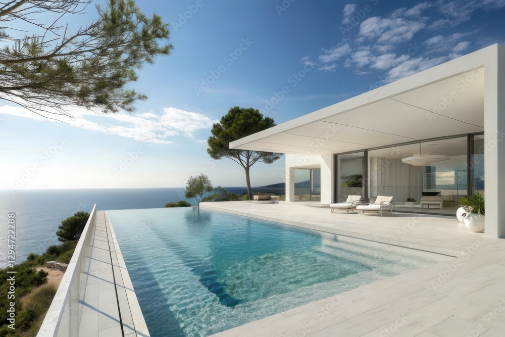 Fototapeta premium Stunning Modern Villa Overlooking the Serene Ocean with an Inviting Infinity Pool