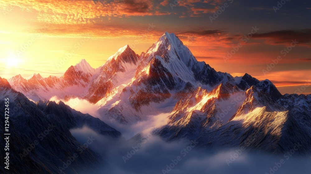 Majestic Snow Covered Mountain Peak at Sunset Majestic Snow Covered Mountain Peak at Sunset
