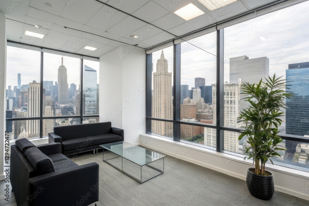 Fototapeta premium Modern Office Interior with a Breathtaking View of the Cityscape Featuring Iconic Skyscrapers