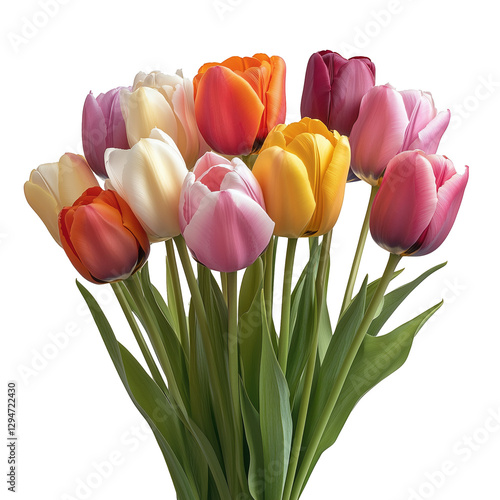 Bright and Colorful Tulips Arranged in a Vibrant Bouquet on a Plain Background