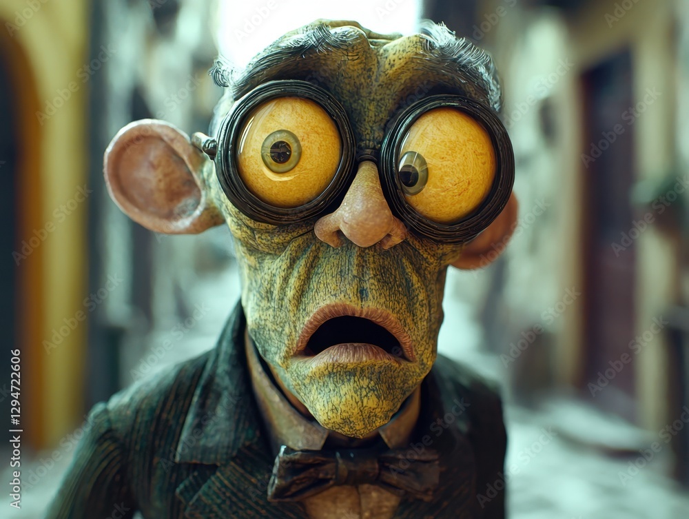 Surprised goblin with giant round glasses in a fantasy alleyway Surprised goblin with giant round glasses in a fantasy alleyway