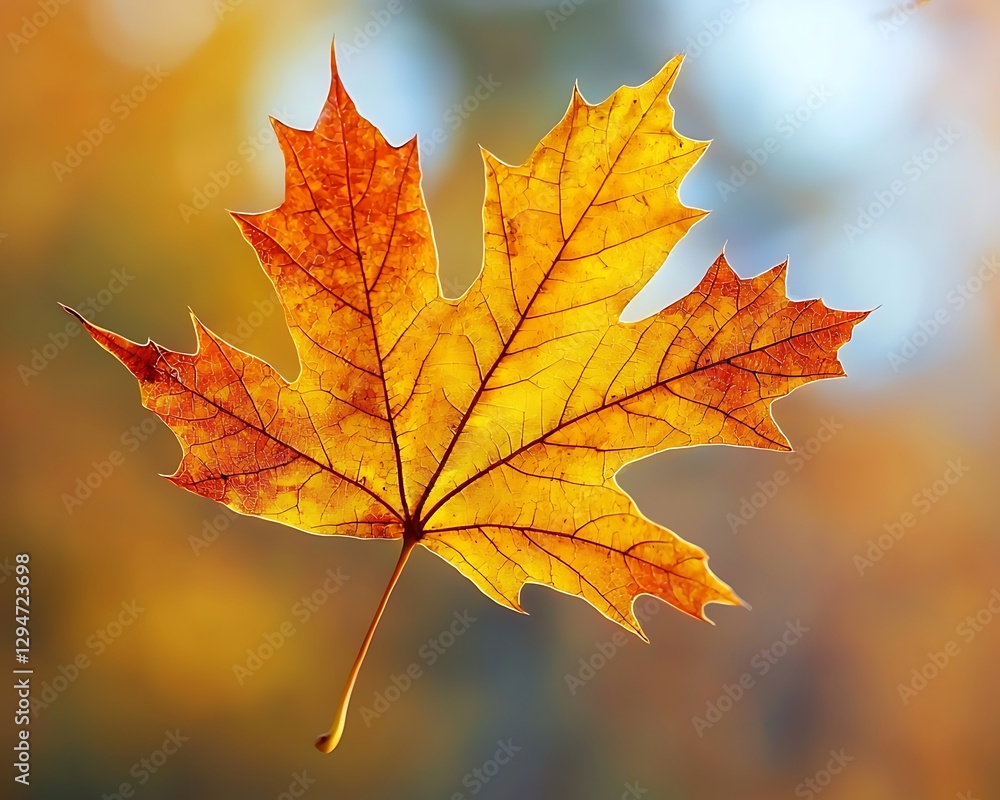 Detailed macro of autumn maple leaf veins intricate textures glowing under soft sunlight set against blurred fall background Detailed macro of autumn maple leaf veins intricate textures glowing under soft sunlight set against blurred fall background