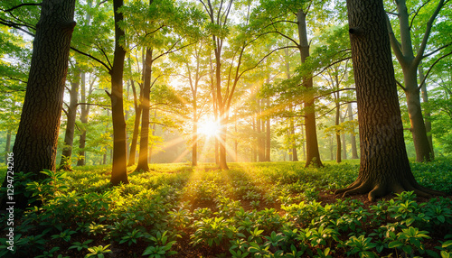 Wallpaper Mural Sunlight filtering through lush forest trees, nature's peaceful serenity Torontodigital.ca
