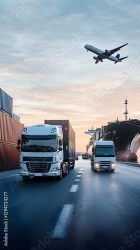 A white cargo truck, a white lorry, and a container ship with an airplane flying above
