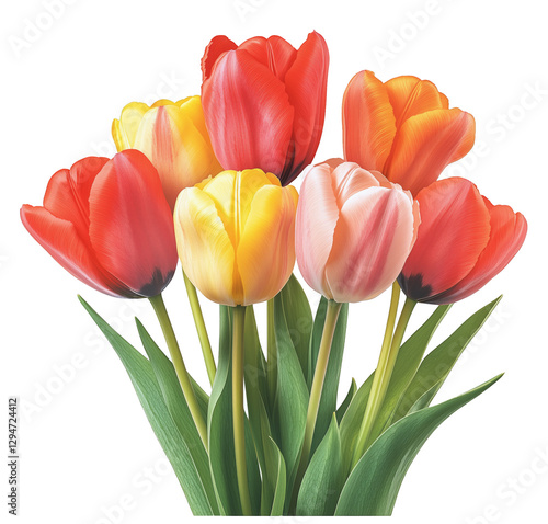 Colorful Tulip Bouquet Arranged With Vibrant Blooms and Fresh Green Leaves in...