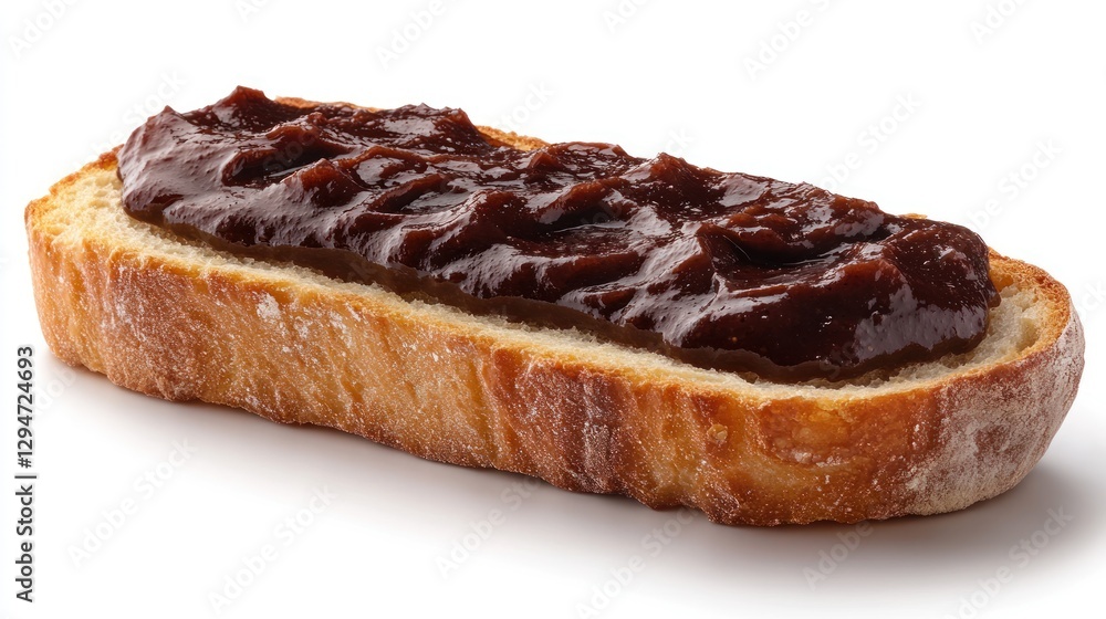 Close-up of a toasted bread slice topped with chocolate spread, isolated on white Close-up of a toasted bread slice topped with chocolate spread, isolated on white