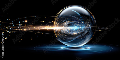 Futuristic glowing sphere with digital energy and abstract motion trails