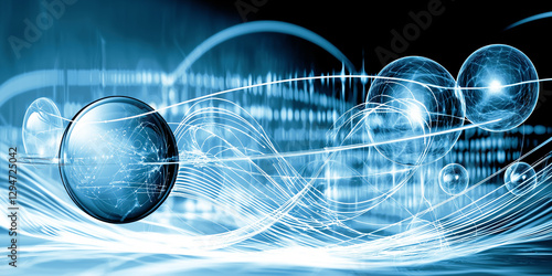 Futuristic blue digital spheres with glowing data flow and energy motion