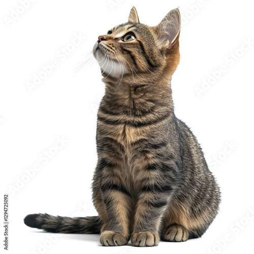 Playful Tabby Cat Sitting on a White Background Looking Curiously Upward