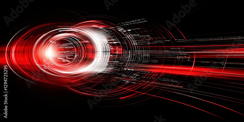 Futuristic digital speed tunnel with red glowing data and motion effect