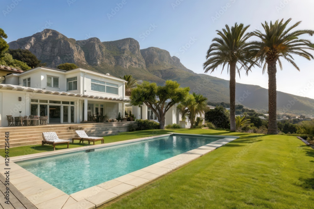 Fototapeta premium Stunning Modern Villa Overlooking Majestic Mountains and Lush Greenery on a Bright Sunny Day