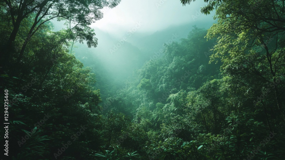 Fototapeta premium Misty Green Forest Landscape with Sunlight Beams