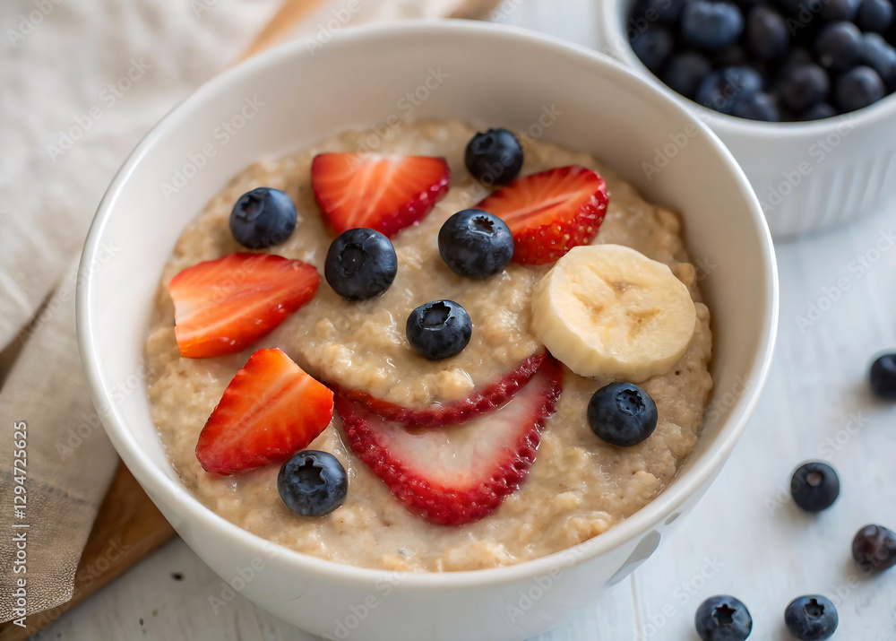 A bowl of oatmeal topped with strawberries and blueberries, placed on a surface with a cloth beside it. The oatmeal has a creamy texture, and the strawberries are vibrant red and the blueberries are a A bowl of oatmeal topped with strawberries and blueberries, placed on a surface with a cloth beside it. The oatmeal has a creamy texture, and the strawberries are vibrant red and the blueberries are a