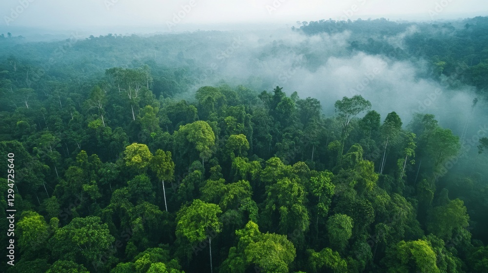 Obraz premium Aerial View of Lush Green Rainforest During Rain