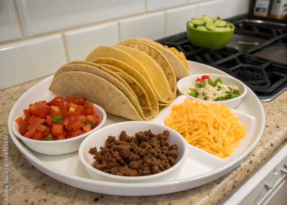 A white plate topped with tacos and various toppings, including tomatoes, cheese, and other ingredients. In the background, there's a stove with a bowl containing cucumbers. The colors are vibrant, wi A white plate topped with tacos and various toppings, including tomatoes, cheese, and other ingredients. In the background, there's a stove with a bowl containing cucumbers. The colors are vibrant, wi