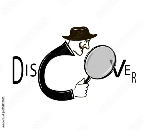 Discover. The word is depicted as a detective with a magnifying glass who is looking for something. Black vector illustration isolated on a white background
