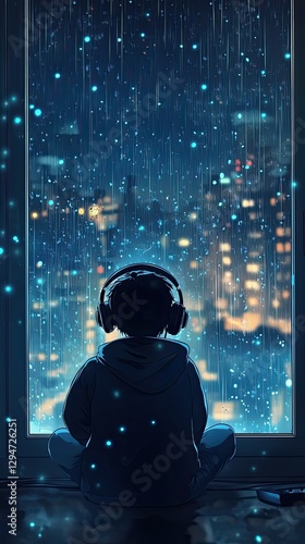 LoFi-themed vertical artwork of a young woman wearing headphones, sitting in front of a rain-covered window, lost in thought as she gazes at the illuminated city skyline, creating a cozy vibe.
