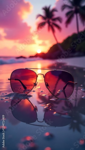 Wallpaper Mural Sunset Beach Sunglasses Reflection, Tropical Paradise at Dusk Torontodigital.ca