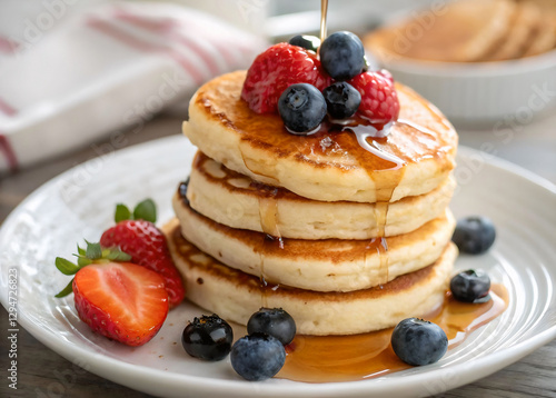 A close-up of a stack of pancakes topped with fresh berries and syrup being poured. The pancakes are golden-brown, and the berries are vibrant red, blue, and black. The syrup is a clear, glossy consis